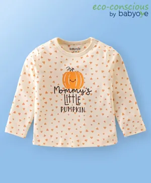 Babyoye 100% Cotton With Eco Jiva Finish Full Sleeves T-Shirt With Pumpkin Print - White
