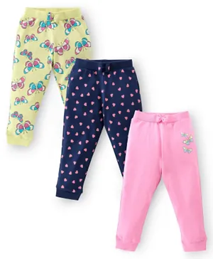 Babyhug 3 Pack Cotton Lycra Knit Full Length Leggings with Stretch & Butterfly & Heart Printed - Multicolor