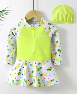 Babyhug Full Sleeves Frock Swimsuit with Cap Fruit Print - Green