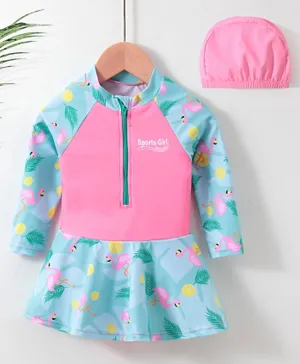 Babyhug Full Sleeves Frock Swimsuit with Cap Flamingo Print - Pink