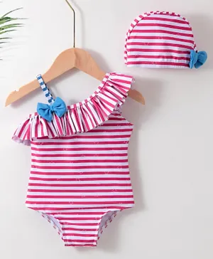Babyhug One Shoulder Striped V Cut Swimsuit with Cap - Red