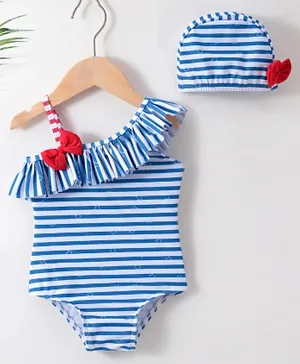 Babyhug One Shoulder Striped V Cut Swimsuit with Cap - Blue