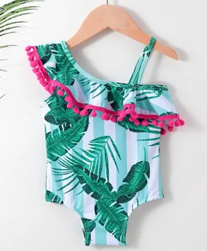 Babyhug One Shoulder Leafy Print V Cut Swimsuit with Frill - Green