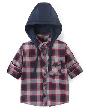 Babyhug Cotton Full Sleeves Regular Collar Hooded  Checkered Shirt - Grey & Blue