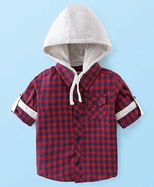 Babyhug 100% Cotton Full Sleeves Checks Hooded Shirt - Red