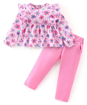 Babyhug 100% Cotton Knit Full Sleeves Top & Leggings With Floral Print - Pink
