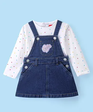 Babyhug Heart Embroidered Denim Frock With Full Sleeves Polka Dot Printed Inner Tee - Blue