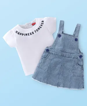 Babyhug 100% Cotton Knit Denim Frock With Short Sleeves Inner T-Shirt Text Print - Blue & White