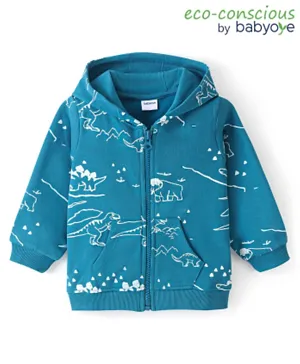 Babyoye 100% Cotton Full Sleeves Hoodie with Dino Placement Print - Blue