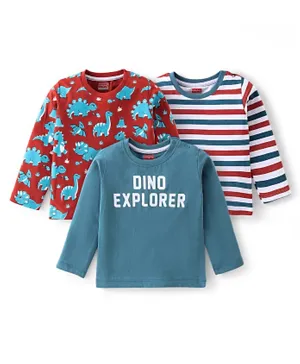 Babyhug 3 Pack Cotton Knit Full Sleeves Striped & Dino Printed T-Shirts - Multicolour