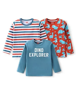 Babyhug Cotton Knit Full Sleeves Striped & Dino Printed T-Shirts Pack of 3 - Multicolour