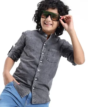 Pine Kids Full Sleeves Front Placket-Buttons Denim Shirt - Grey