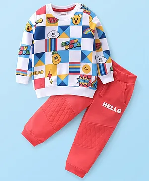 Babyhug 100% Cotton Knit Full Sleeves Text Printed Sweatshirt & Lounge Pants Set - Multicolour