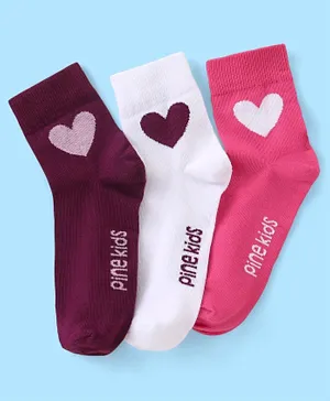 Pine Kids Ankle Length Socks With Heart & Text Design Pack Of 3 - Multicolor