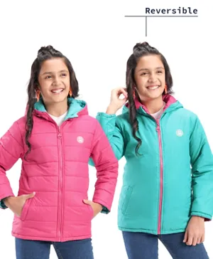 Pine Kids Full Sleeves Solid Color Reversible Medium Winter Hoded Jacket -Turquise & Dark Pink