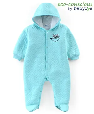 Babyoye Full Sleeves Winter Wear Hooded Night Suit With Fox Design - Light Blue