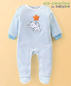 Babyoye 100% Cotton Full Sleeves Striped Footed  Winter Wear Sleep Suit with Elephant Embroidery - Light Blue