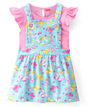Babyhug Single Jersey Knit Butterfly Printed Frock with Short Sleeves Inner Tee - Blue & Pink