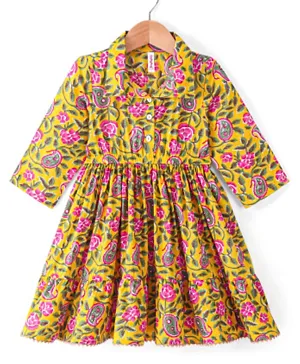 Babyhug 100% Cotton Threefourth Sleeves Ethnic Dress With Floral Print - Yellow