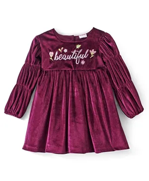 Babyhug Cotton Velour Woven Full Sleeves Frock with Text Embroidered - Purple