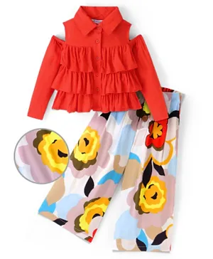 Ollington St Woven Off-Shoulder Full Sleeves Frill Top & Printed Rayon Culottes Set - Multicolor