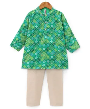 Babyhug Full Sleeves Printed with Sequenced Embroidered Kurta & Pyjama Set - Green
