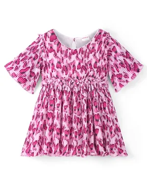 Babyhug Georgette Woven Half Sleeves Frock with Frill Detailing Butterfly Print - Pink
