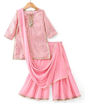 Babyhug Three Fourth Sleeves Sequenced & Embroidered Kurti with Sharara & Dupatta Set - Pink