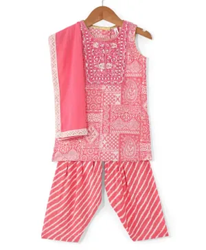 Babyhug Woven Sleeveless Kurti & Churidar Set with Dupatta Ajrakh Print - Pink