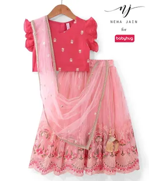 Babyhug Short Sleeve Floral Embroidered Lehenga Choli and Dupatta Set - Pink