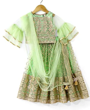 Babyhug Short Sleeve Sequined with Zari Embroidered Choli Lehenga  and Dupatta Set - Lime Green