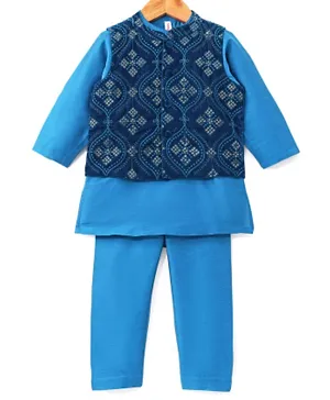 Babyhug Full Sleeves Kurta Pyjama Set with Sequenced Embroidered Jacket - Teal Blue
