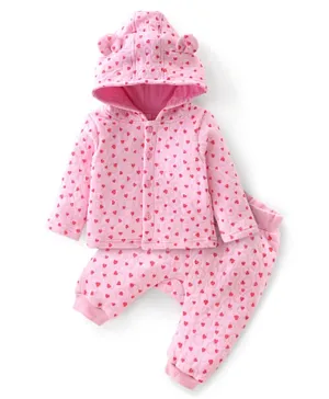 Babyhug Cotton Knit Full Sleeves Heart Printed Hoodie & Lounge Pants Set - Pink