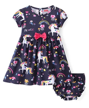 Babyhug Cotton  Knit Half Sleeves Frock With Bloomer Unicorn Printed - Navy Blue