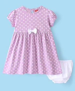 Babyhug Cotton Knit Half Sleeves Frock with Bloomer Polka Dot Printed & Bow Applique - Purple