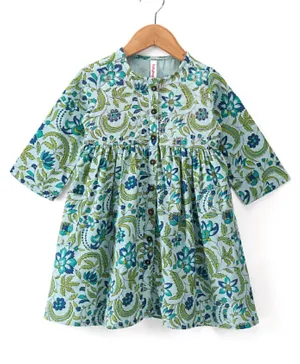 Babyhug Cotton Woven Three Fourth Sleeves Ethnic Dress Floral Printed - Green