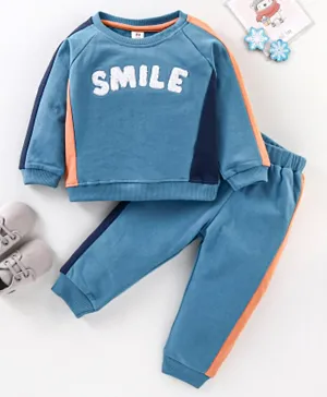 ToffyHouse Cotton Full Sleeves T-Shirt & Lounge Pants Co-ords Set With Smile Embroidery - Blue