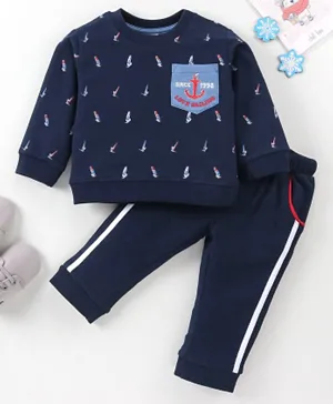 ToffyHouse Cotton Full Sleeves T-Shirt & Lounge Pant Set with Boat Print - Navy Blue