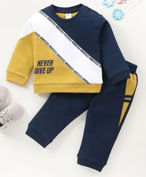 ToffyHouse Cotton Full Sleeves T-Shirt & Lounge Pant Set with Text Print - Navy Blue & Yellow