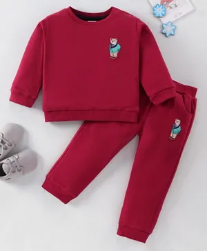 ToffyHouse 100% Cotton Fleece Full Sleeves Co-rd Set Bear Embroidery - Dark Red