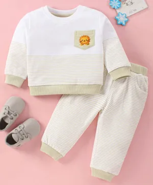 ToffyHouse Full Sleeves T-Shirt & Lounge Pants Co-rd set With Lion Embroidery & Striped - Beige