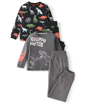Primo Gino 2 Pack Cotton Full Sleeves All Over Dino Print Pyjama Sets - Grey/Black