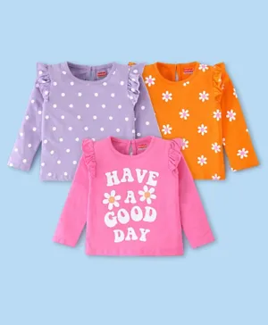 Babyhug Cotton Knit Full Sleeves Polka Dots & Floral Printed T-Shirt - Purple Pink & Orange