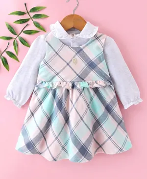 ToffyHouse 100% Cotton Checks Frock with Full Sleeves Solid Colour Inner Tee - Pink & Grey