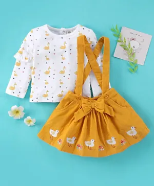 ToffyHouse Full Sleeves Top & Corduroy Skirt Set with Suspender & Duck Print - White & Golden