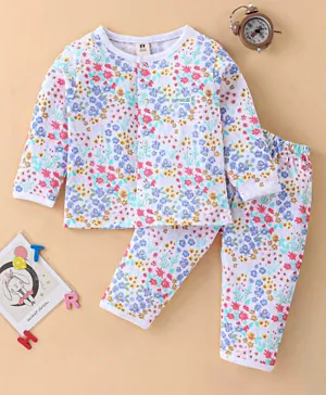 ToffyHouse 100% Cotton Full Sleeves Night Suit With Floral Print - Light Pink