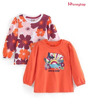 Honeyhap Premium Cotton Full Sleeves Floral Printed T-Shirt with Bio Wash Pack of 2 - Gardenia & Carrot