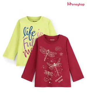 Honeyhap 2 Pack Premium Cotton Full Sleeves T-Shirts Text & Dragonfly Print -  Sunny Lime & Savvy Red