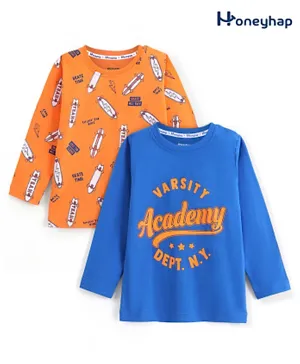 Honeyhap 2 Pack Premium Cotton Full Sleeves T-Shirt Skateboard & Text Print - Tangerine & Daphne