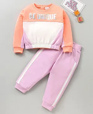 Babyhug 100% Cotton Terry Knit Full Sleeves Top & Lounge Pants Set Be Unique Print - Orange & Lilac
